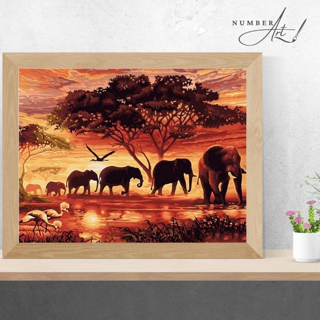 African Elephant Herd Silhouette Paint By Numbers