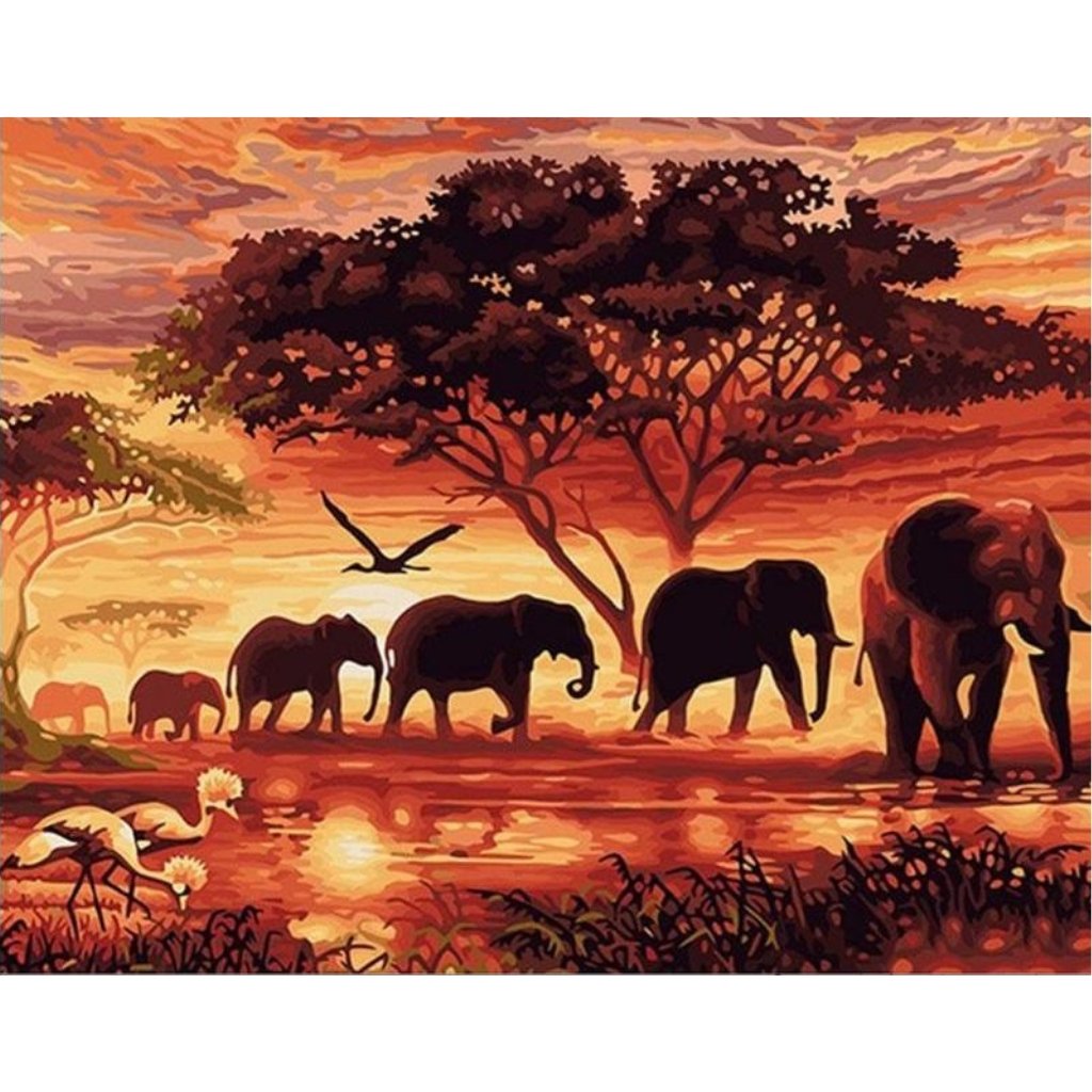 African Elephant Herd Silhouette Paint By Numbers - Number Art